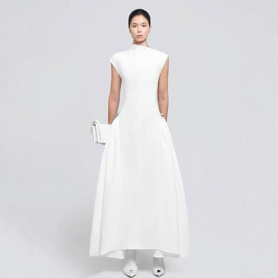High-Neck A-Line Midi Dress — Sculpted Shoulders with an Asymmetric Hem
