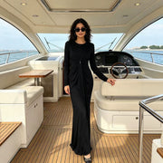 Long-Sleeve Ruched Maxi Dress — Sculpted Draping with a Jewel-Detail Waist
