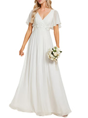 European and american style v-neck chiffon long bridesmaid dress, butterfly sleeve cinched waist slimming evening gown, party hostess dress
