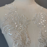 Zh295 pair of off-white sequin embroidered appliqué flowers for wedding dresses and evening gowns - decorative lace floral fabric patches