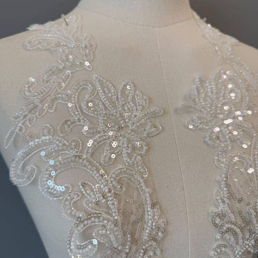 Zh295 pair of off-white sequin embroidered appliqué flowers for wedding dresses and evening gowns - decorative lace floral fabric patches