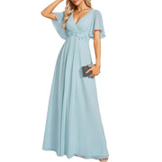 European and american style v-neck chiffon long bridesmaid dress, butterfly sleeve cinched waist slimming evening gown, party hostess dress
