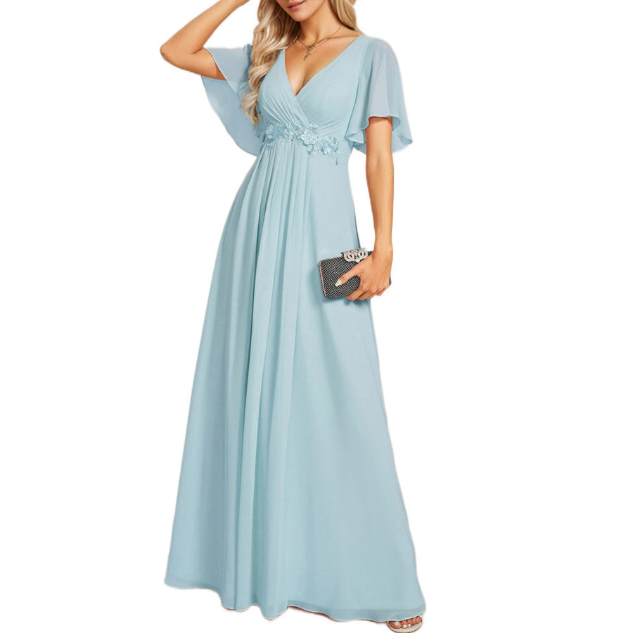 European and american style v-neck chiffon long bridesmaid dress, butterfly sleeve cinched waist slimming evening gown, party hostess dress