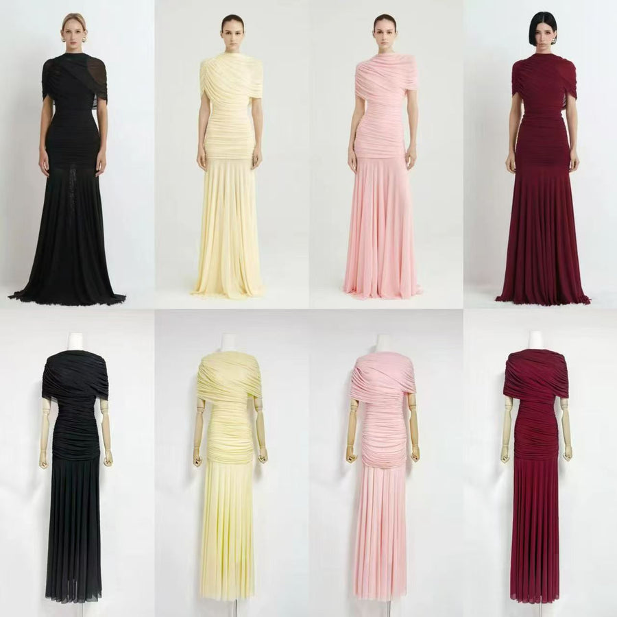 High-Neck Ruched Evening Gown — Draped Shoulders with a Fluid Full-Length Skirt