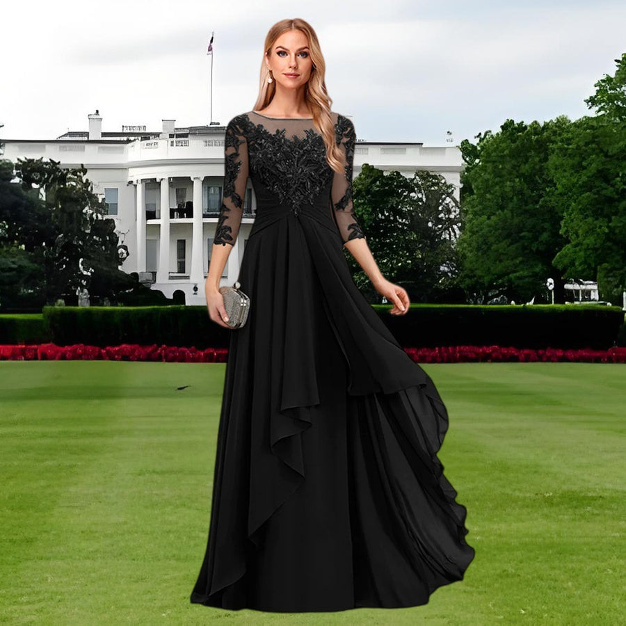 Chiffon lace patchwork mid-sleeve evening gown - round neck a-line floor-length dress - perfect for mothers, mothers-in-law, and hostesses