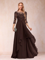 Chiffon lace patchwork mid-sleeve evening gown - round neck a-line floor-length dress - perfect for mothers, mothers-in-law, and hostesses