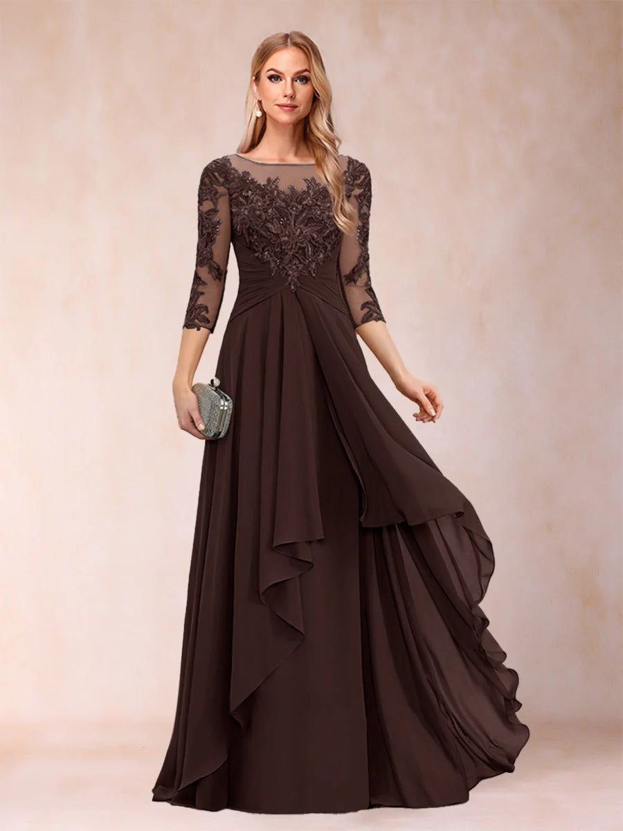 Chiffon lace patchwork mid-sleeve evening gown - round neck a-line floor-length dress - perfect for mothers, mothers-in-law, and hostesses