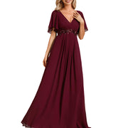 European and american style v-neck chiffon long bridesmaid dress, butterfly sleeve cinched waist slimming evening gown, party hostess dress