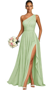 One shoulder chiffon long bridesmaid dress slit evening dress female sister group toast dress graduation performance dress factory direct supply