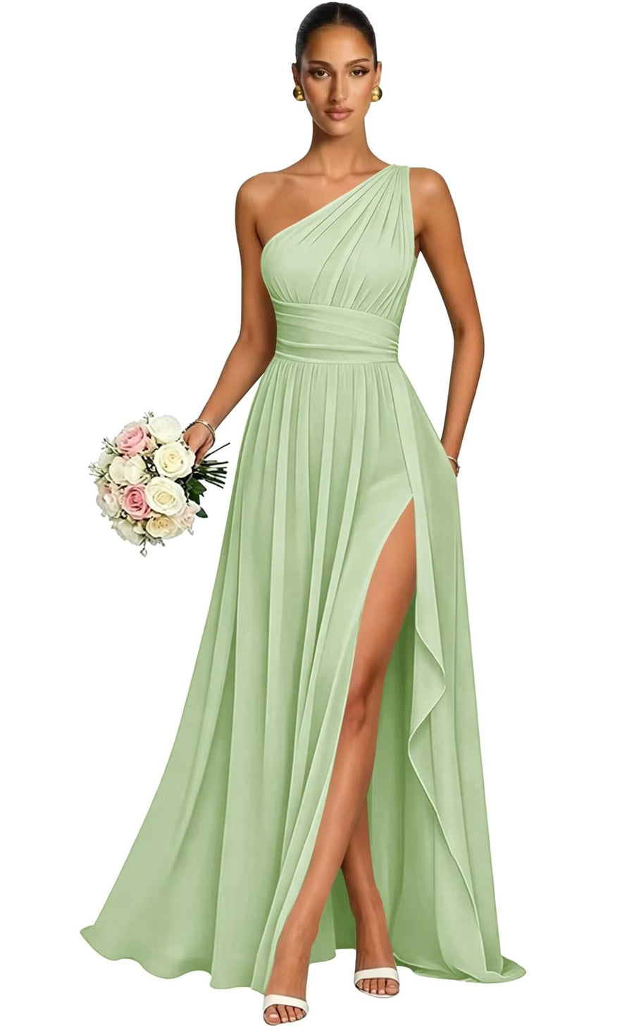 One shoulder chiffon long bridesmaid dress slit evening dress female sister group toast dress graduation performance dress factory direct supply
