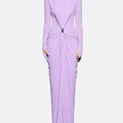 Long-Sleeve Ruched Maxi Dress — Sculpted Draping with a Jewel-Detail Waist