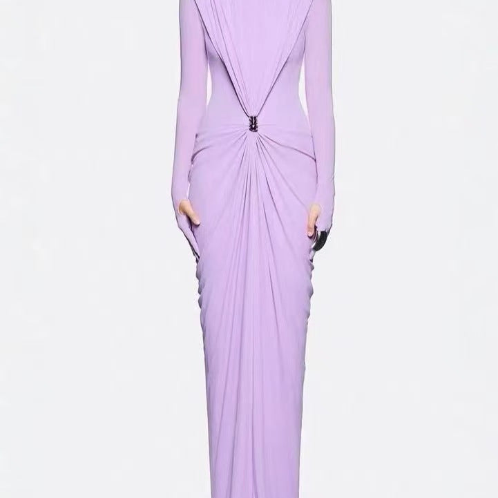 Long-Sleeve Ruched Maxi Dress — Sculpted Draping with a Jewel-Detail Waist