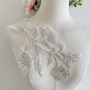 White beaded embroidered lace appliqué with leaf and butterfly design for DIY clothing and headwear trim