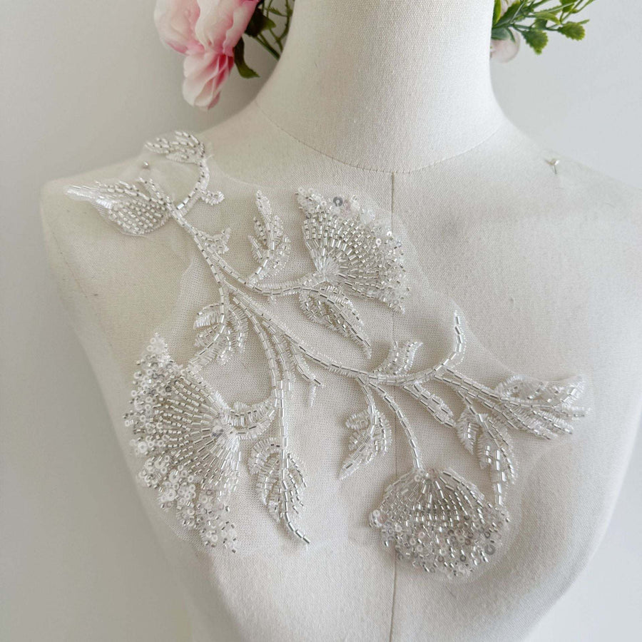 White beaded embroidered lace appliqué with leaf and butterfly design for DIY clothing and headwear trim