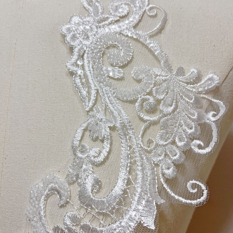 New beaded mesh embroidery lace flower pieces, skirt decorative applique, wedding veil DIY edge material, white