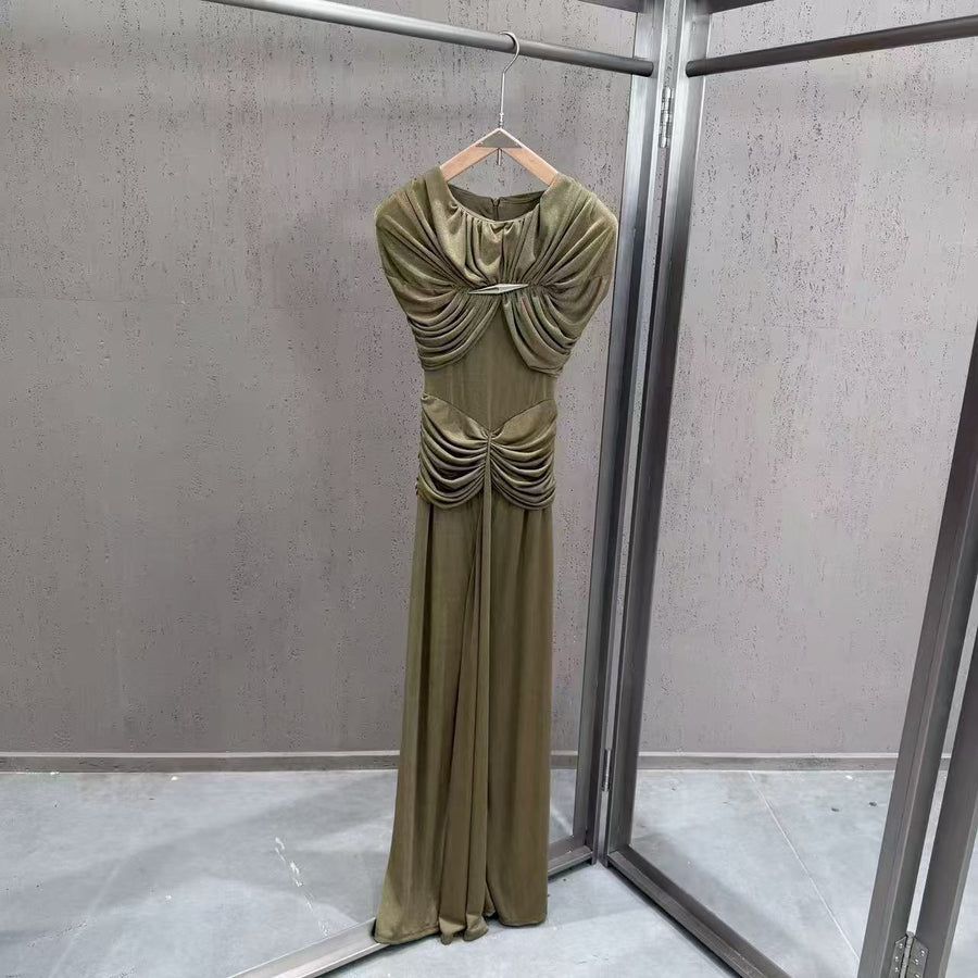 High-Neck Ruched Evening Gown — Sculpted Shoulders with Gathered Hip Draping