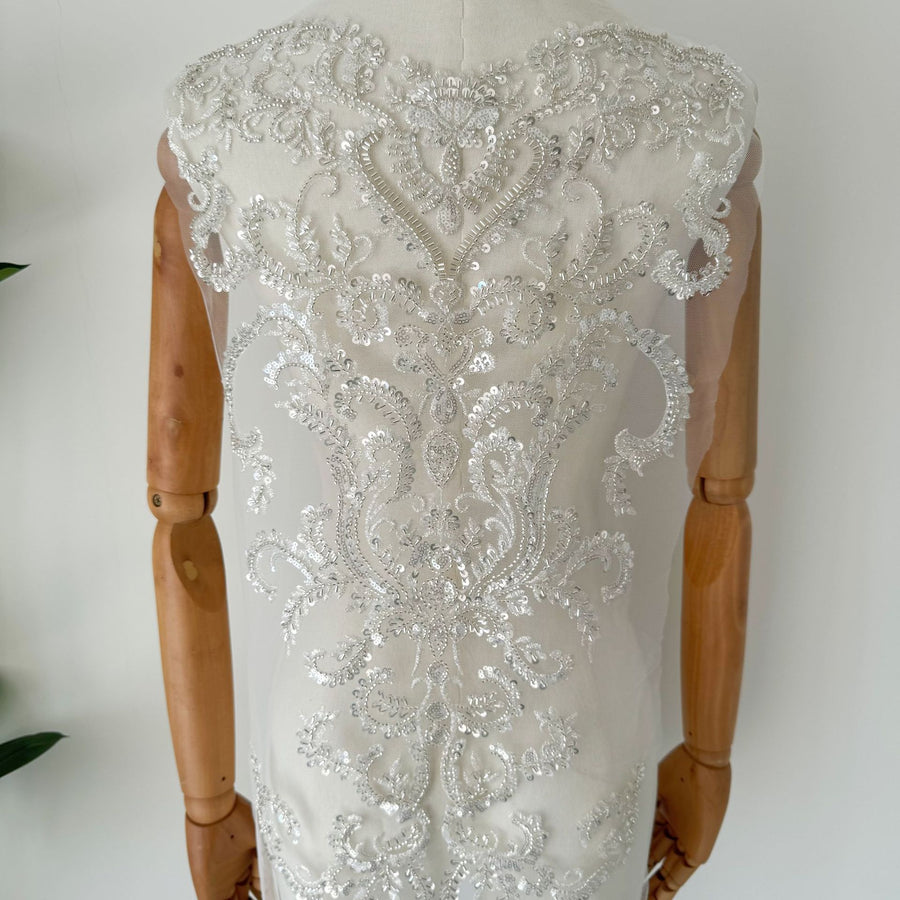 Zh490 silver sequin beaded fabric embroidery full beaded wedding dress front and back diy large flower piece