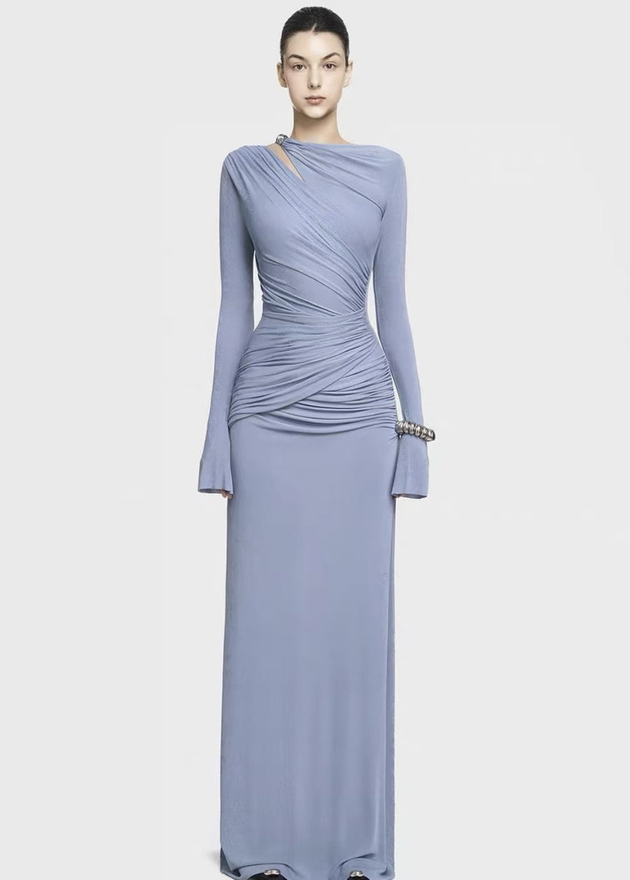 Long-Sleeve Ruched Maxi Dress — An Asymmetric Neckline with a Shoulder Cut-Out