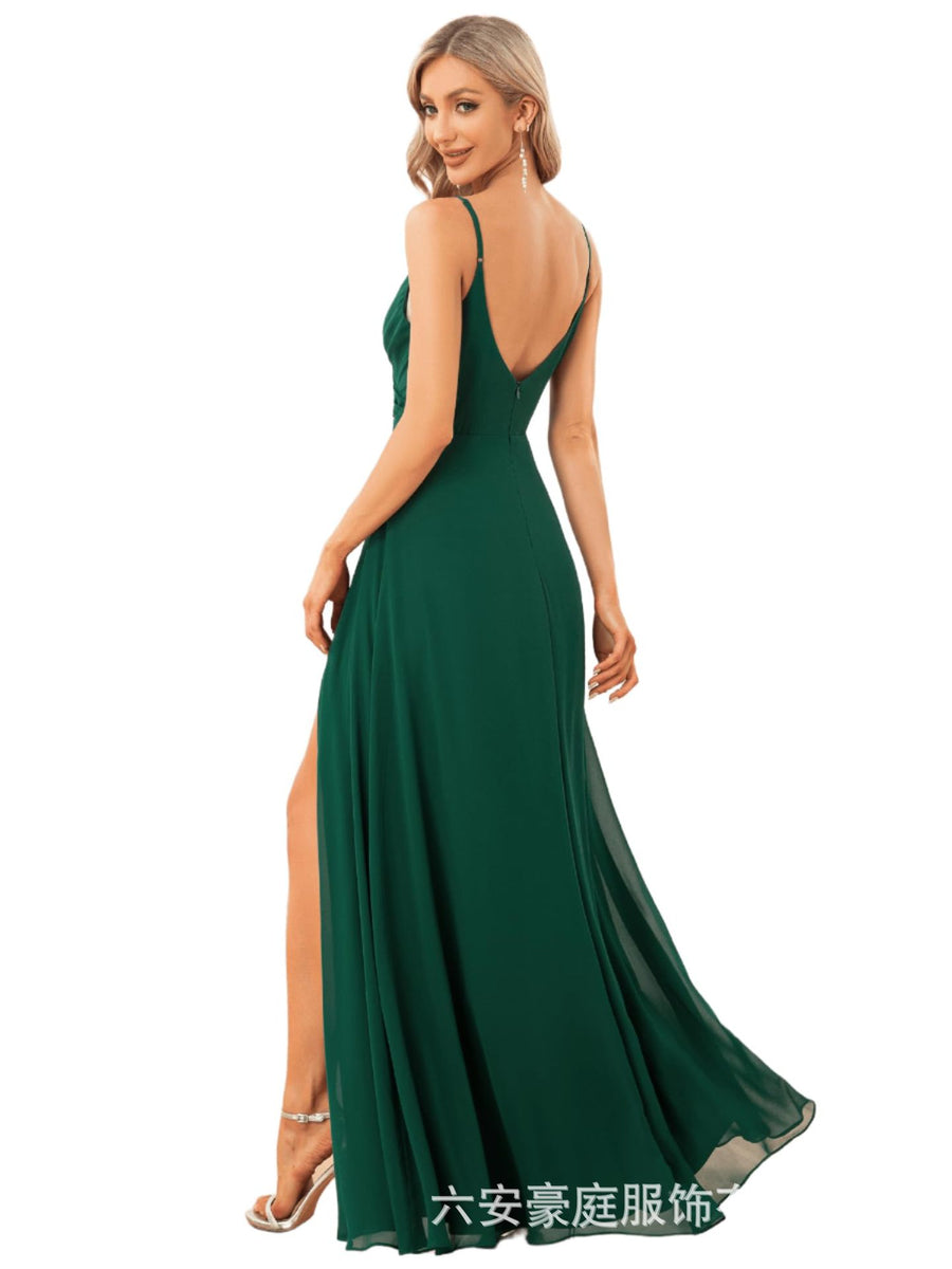 European and american style plus size evening gown women's chiffon high slit floor-length dress wedding bridesmaid dress annual meeting performance dress cross-border