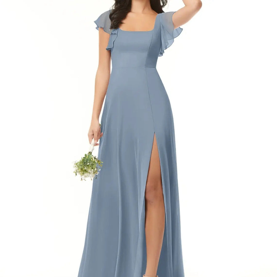 Cross-border exclusive square neck ruffle sleeve chiffon slit long dress wedding bridesmaid host performance costume dress dress