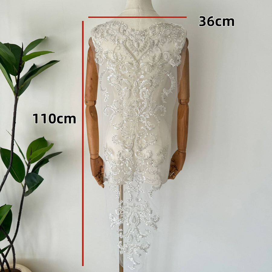 Zh490 silver sequin beaded fabric embroidery full beaded wedding dress front and back diy large flower piece