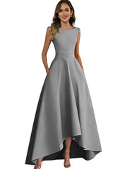 Women's solid color satin sleeveless fitted evening gown for export - amazon style cocktail party bridesmaid dress - high-low hem