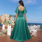 Satin square neck short-sleeved long evening dress, multiple colors available, sister group toast dress, annual meeting host, classy banquet
