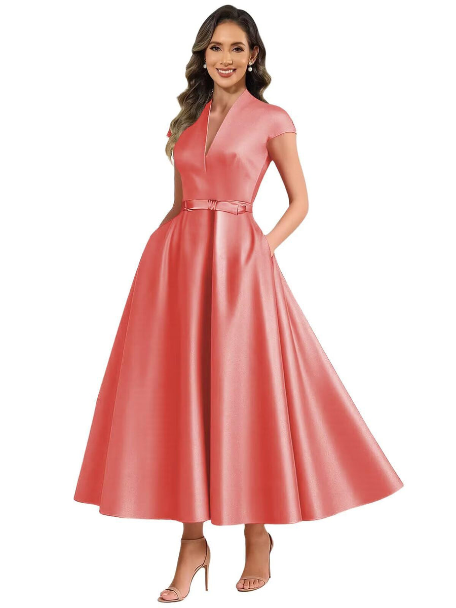 2026 premium satin v-neck midi dress with belted waist, pockets, and suitable for daily wear, parties, and hosting events