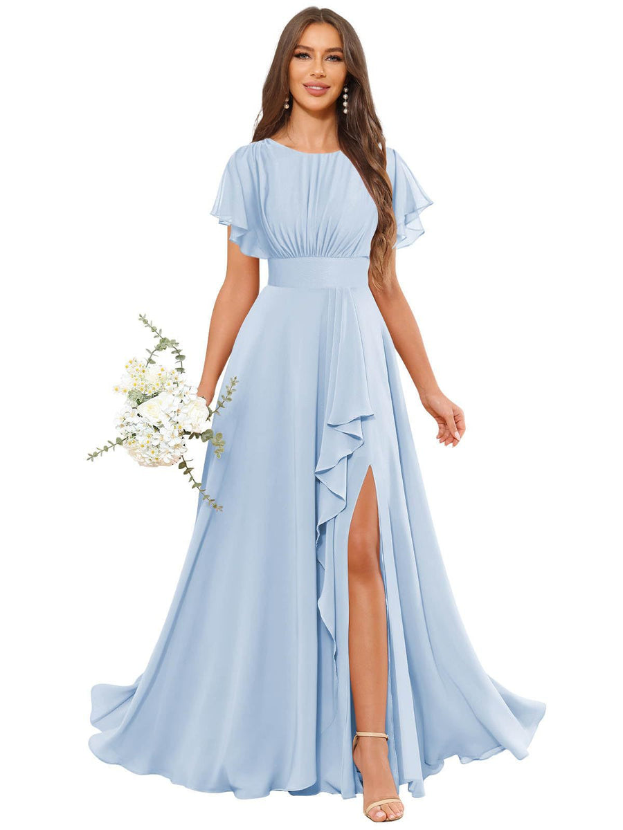 Cross-border amazon bestseller: long bohemian chiffon midi dress - short sleeve, cinched waist, evening gown, bridesmaid dress