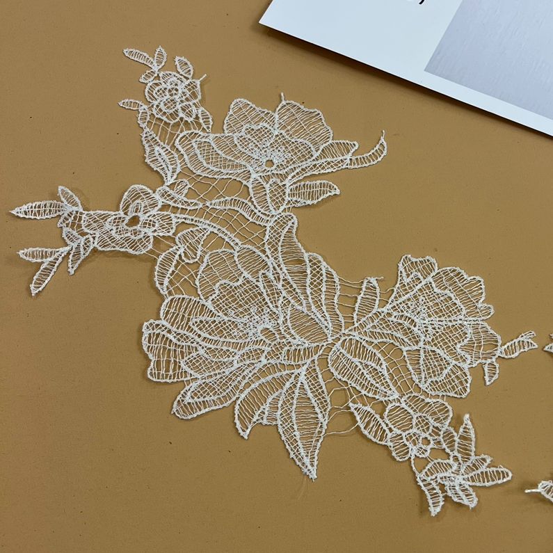 A piece of beige fish silk thread lace flower to flower applique DIY handmade bridal veil jewelry accessories