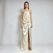 Strapless Satin Evening Gown — Fluid Draping with a Metallic Accent and High Split