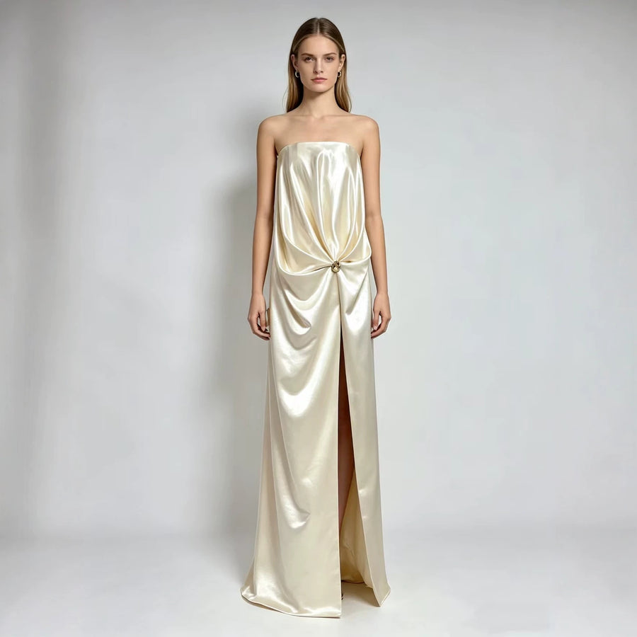 Strapless Satin Evening Gown — Fluid Draping with a Metallic Accent and High Split
