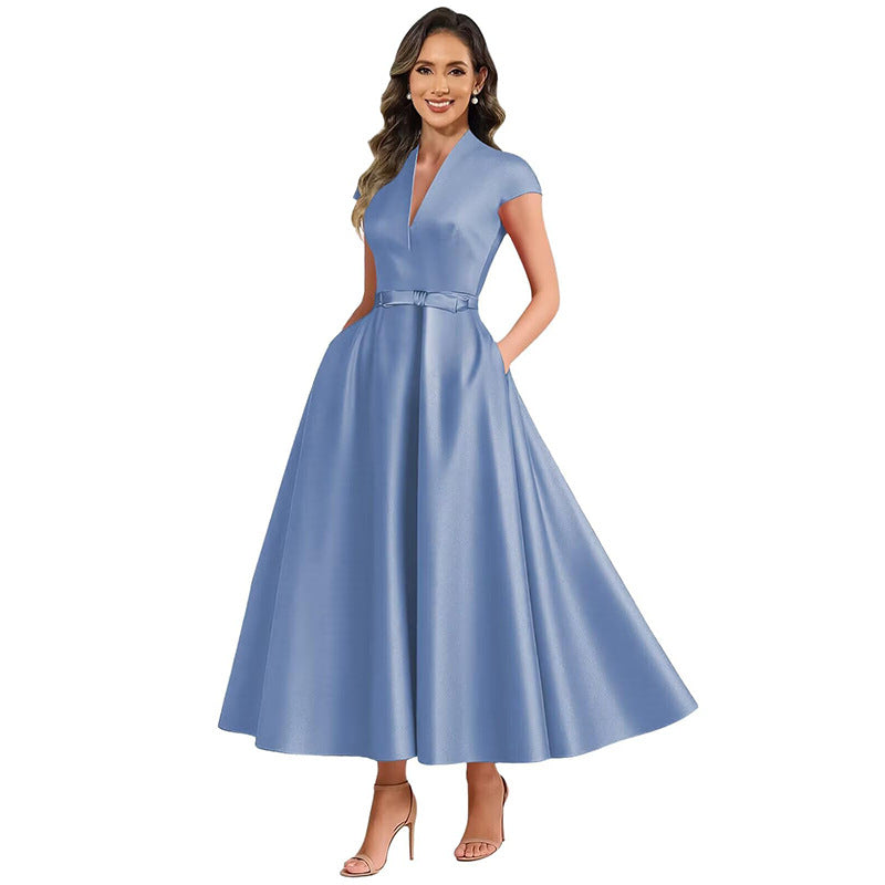 Fashion aliexpress export satin short banquet dress party bows evening dress wedding ladieswear church