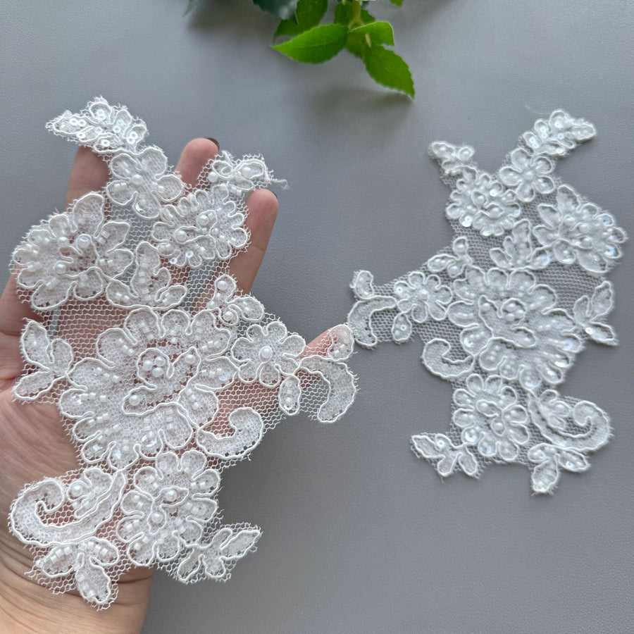 White Embroidered Beaded Lace Trim | DIY Bridal Headpiece & Wedding Dress Accessory