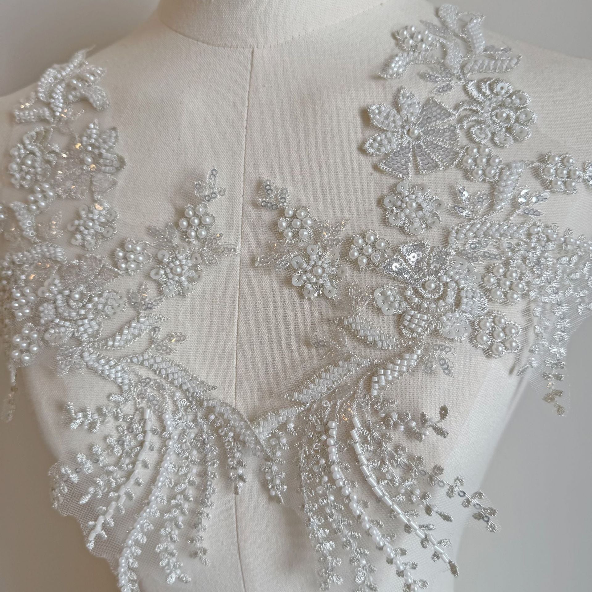 Silver european style high-end embroidered lace floral wedding dress skirt handmade diy material clothing applique zh446