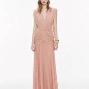 V-Neck Draped Evening Gown — Cross-Over Hip Pleats with a Flowing Skirt
