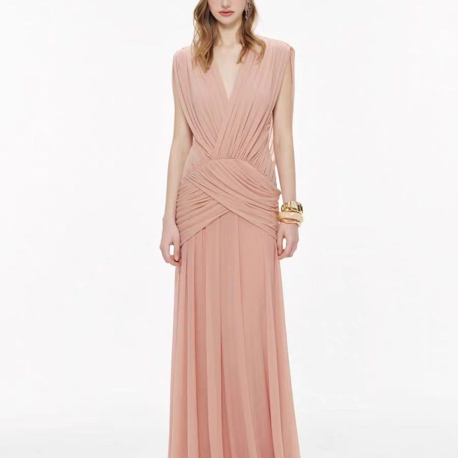 V-Neck Draped Evening Gown — Cross-Over Hip Pleats with a Flowing Skirt