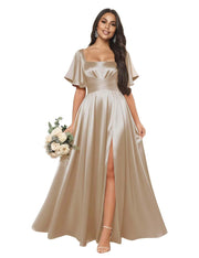 Satin square neck short-sleeved long evening dress, multiple colors available, sister group toast dress, annual meeting host, classy banquet