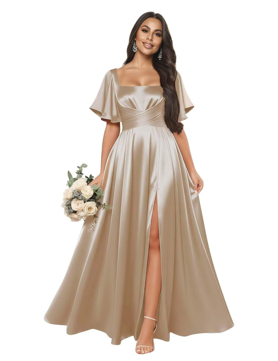 Satin square neck short-sleeved long evening dress, multiple colors available, sister group toast dress, annual meeting host, classy banquet