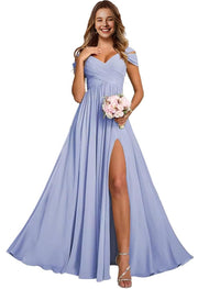 Off-the-shoulder bridesmaid dresses - long, slit, chiffon evening gowns for dinner parties, proms, and sisterhood events