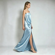 Strapless Satin Evening Gown — Fluid Draping with a Metallic Accent and High Split