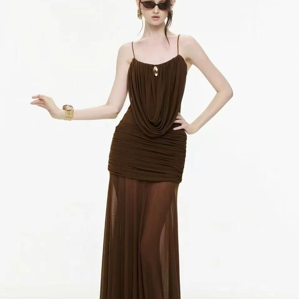 Draped Cami Maxi Dress — Ruched Silhouette with a Sheer Skirt