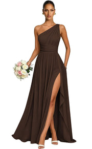 One shoulder chiffon long bridesmaid dress slit evening dress female sister group toast dress graduation performance dress factory direct supply