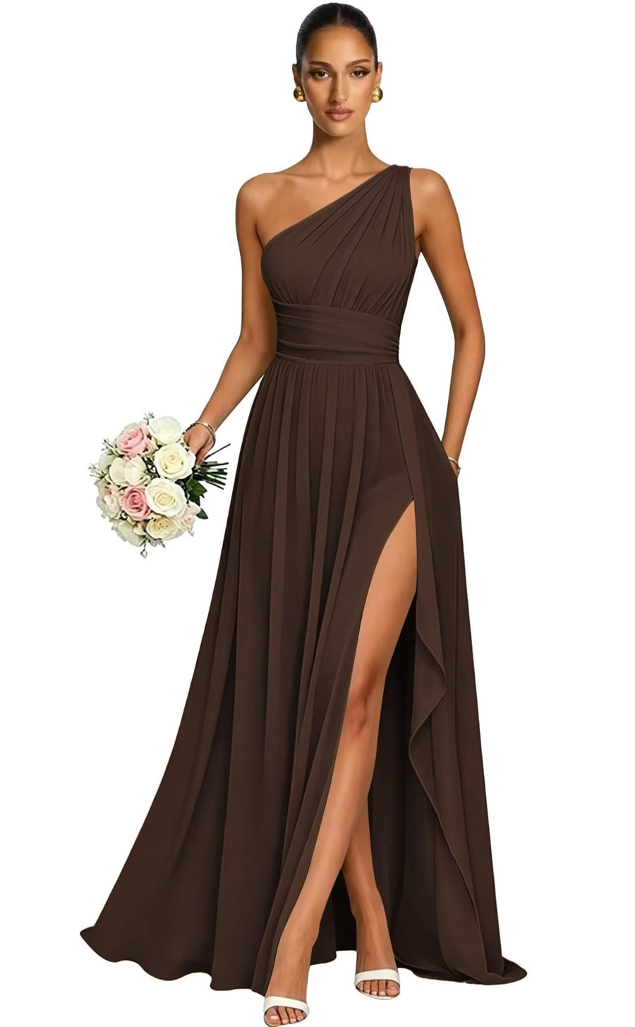 One shoulder chiffon long bridesmaid dress slit evening dress female sister group toast dress graduation performance dress factory direct supply