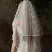 Beige double-layer beaded bridal veil with sequined metal comb and soft chiffon tulle