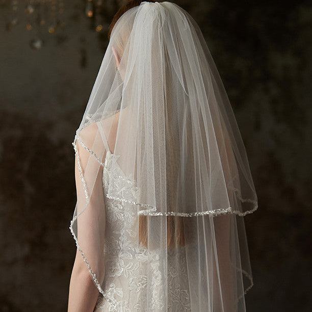 Beige double-layer beaded bridal veil with sequined metal comb and soft chiffon tulle