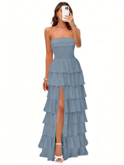 Cake skirt women's layered ruffles high slit long skirt sexy evening dress wedding bridesmaid dress tube top party dress
