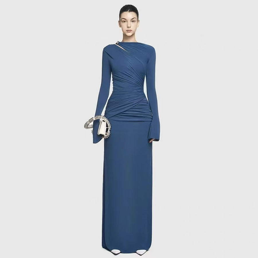 Long-Sleeve Ruched Maxi Dress — An Asymmetric Neckline with a Shoulder Cut-Out