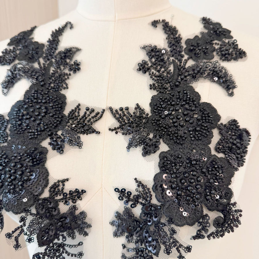 Black Flower Cotton Thread Sequined Embroidery Lace Fabric - DIY Bag, Head Yarn & Large Trailing Production (ZH415)