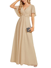 European and american style v-neck chiffon long bridesmaid dress, butterfly sleeve cinched waist slimming evening gown, party hostess dress